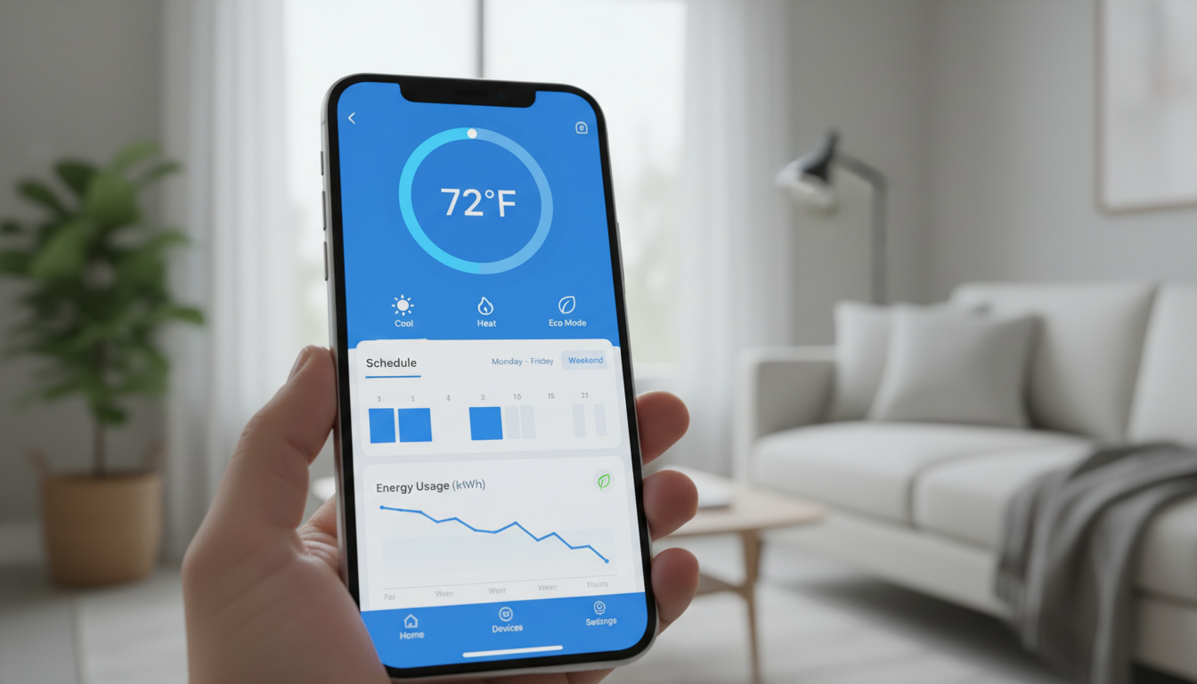 Smart thermostat app on smartphone for remote control.